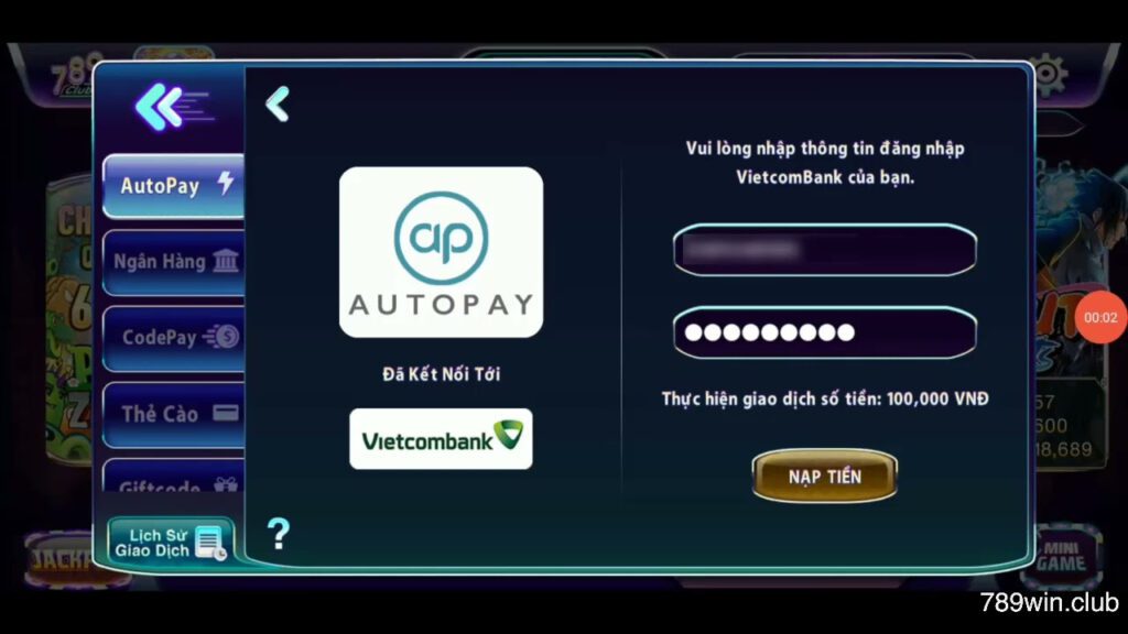 Nạp tiền 789 Club bằng Autopay được nhiều người chơi lựa chọn